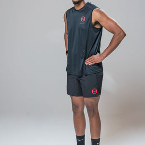 Side view of our THETA core tank. Made for functional fitness and general gym wear use. Also featuring our core shorts. 