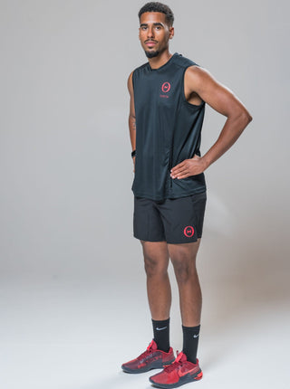 Side view of our THETA core tank. Made for functional fitness and general gym wear use. Also featuring our core shorts. 