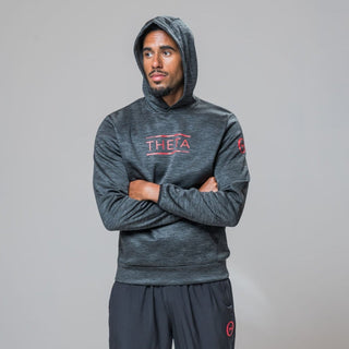 Front view of our THETA thermo hoodie. This hoodie is made for leisure wear and functional fitness. Complete with our red logo core trackies. 