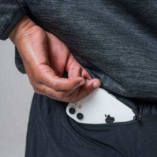 Close up view of our THETA core gym wear trackie back phone zip pocket. These trackies are made for functional fitness and general gym wear use. Featuring the functionality of our back phone zip pocket with a white iphone 12. 