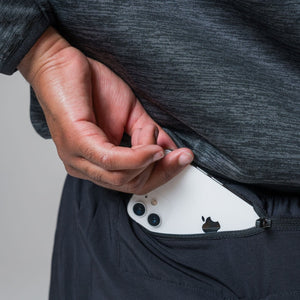 Close up view of our THETA core gym wear trackie back phone zip pocket. These trackies are made for functional fitness and general gym wear use. Featuring the functionality of our back phone zip pocket with a white iphone 12. 