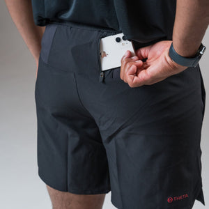 THETA core gym wear shorts. These shorts are made for functional fitness and general gym wear use. Featuring a zipped back phone pocket for running.
