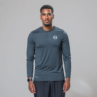 Front view of our THETA element long sleeve t-shirt. This top was made for athleisure wear and functional fitness. Paired with our white logo core trackies. 