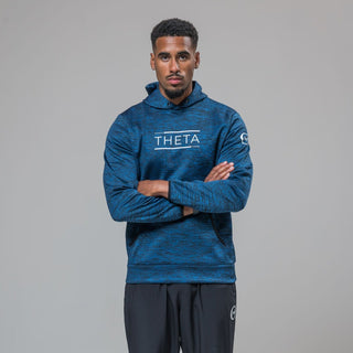 Front view of our THETA thermo hoodie. This hoodie is made for leisure wear and functional fitness. Complete with our white logo core trackies. 