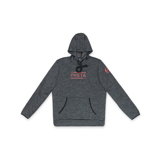 Flat front view of our THETA thermo hoodie. Complete with our THETA red logo on the left shoulder and wording on the centre chest. 