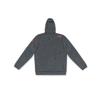 Flat back view of our THETA thermo hoodie. Complete with red theta logo and wording on the back right shoulder. 