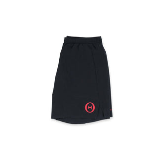 Flat view of our THETA core gym wear shorts. These shorts are made for functional fitness and general gym wear use. Featuring our front left leg logo.